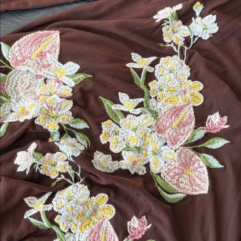 Anthropologie SAEMDI chocolate brown embroidered floral w neck scarf maxi large - Picture 13 of 16